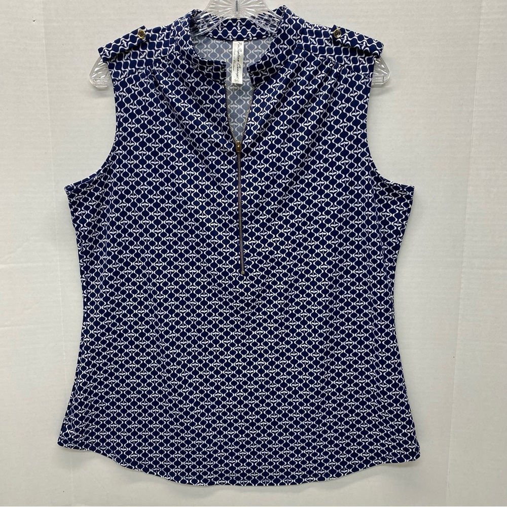 PerSeption Concept Woman's XL Sleeveless Blouse Blue White 1/2 Zip Front Casual